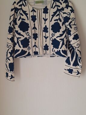 Gorgeous Y2k Minimalist Navy and White Embroidered Crop Jacket Sz S 100% Cotton